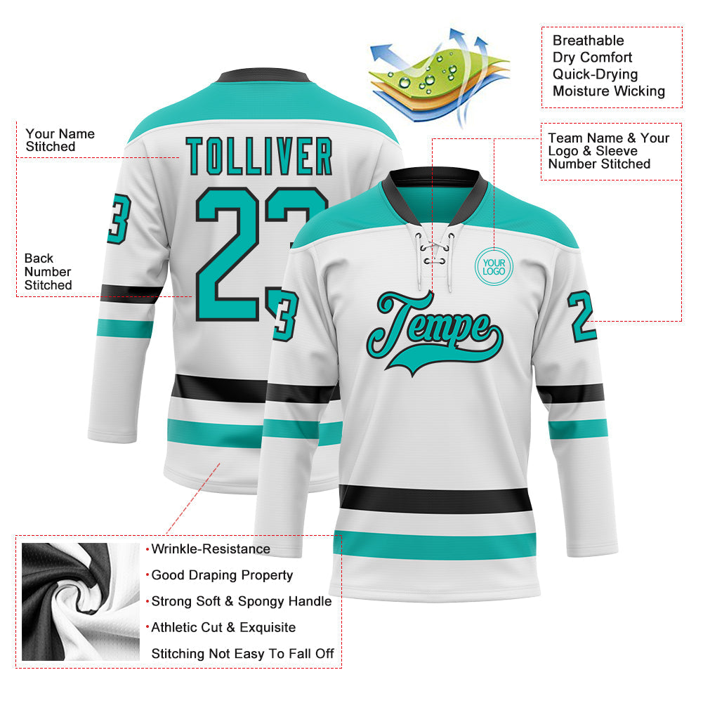 Custom White Aqua-Black Hockey Lace Neck Jersey view 3