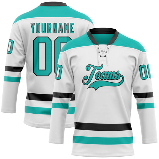 Custom White Aqua-Black Hockey Lace Neck Jersey - Main View