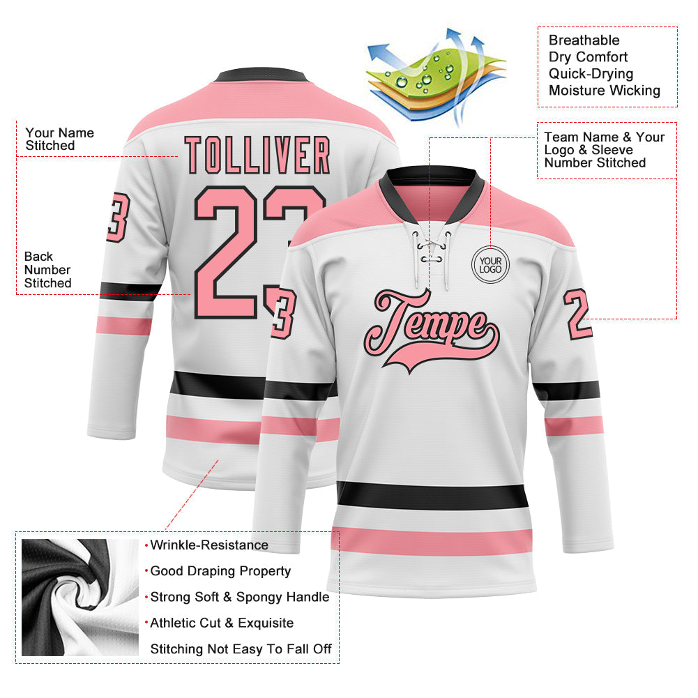 Custom White Medium Pink-Black Hockey Lace Neck Jersey view 3