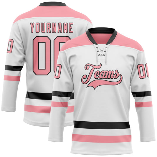 Custom White Medium Pink-Black Hockey Lace Neck Jersey - Main View