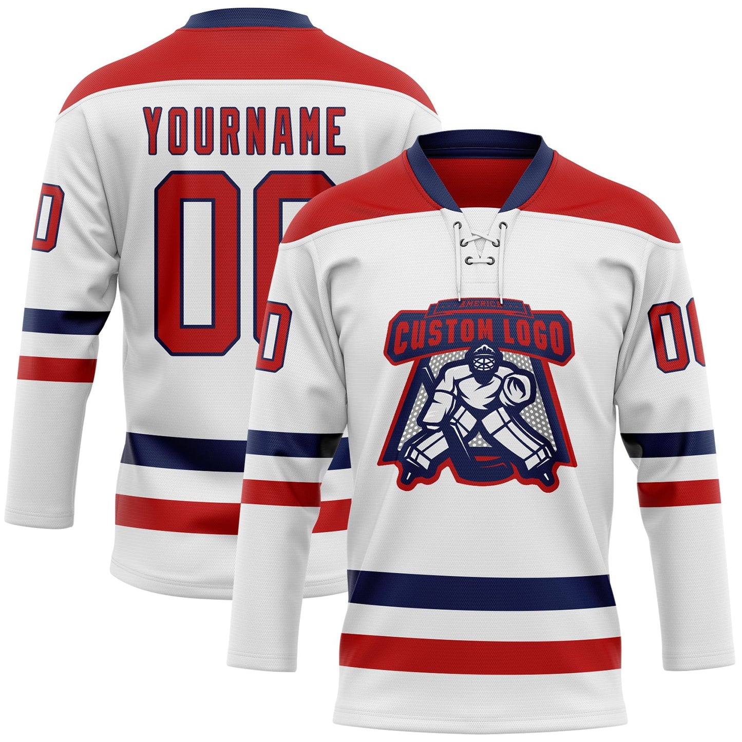 Custom White Red-Navy Hockey Lace Neck Jersey view 2