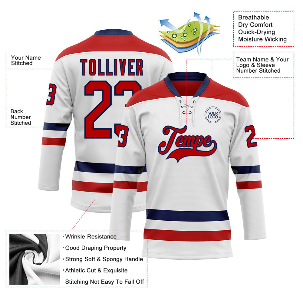 Custom White Red-Navy Hockey Lace Neck Jersey view 3