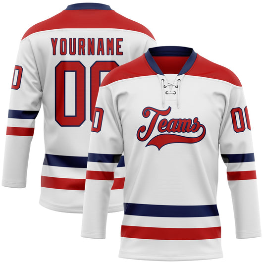 Custom White Red-Navy Hockey Lace Neck Jersey - Main View