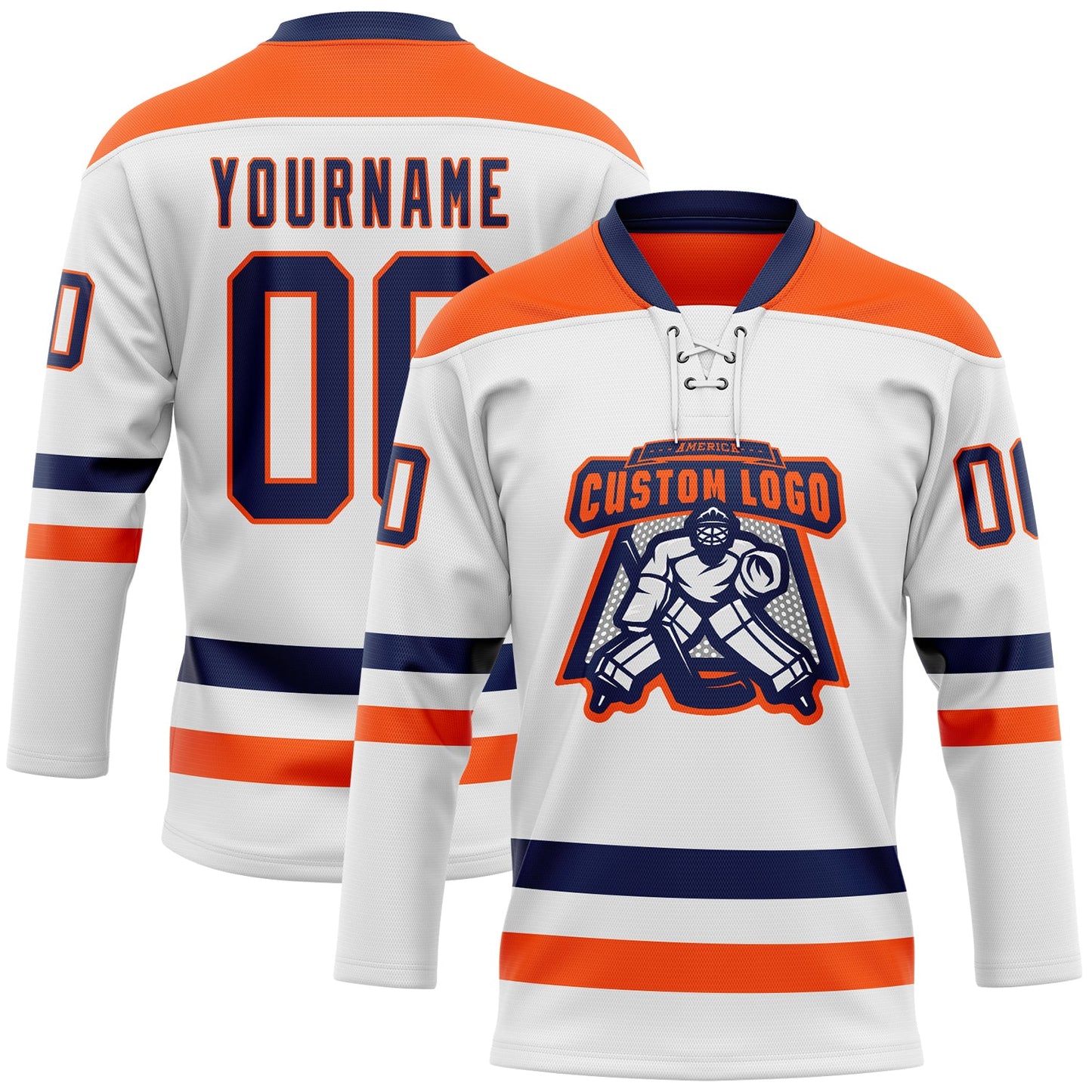 Custom White Navy-Orange Hockey Lace Neck Jersey view 2