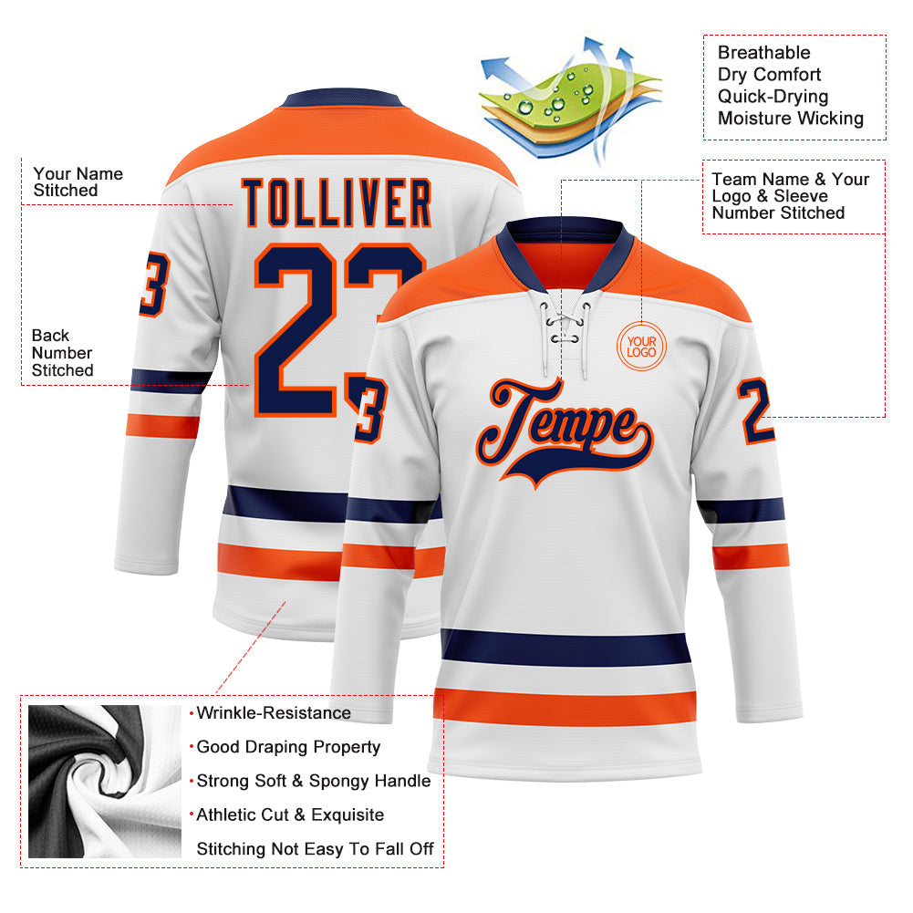 Custom White Navy-Orange Hockey Lace Neck Jersey view 3