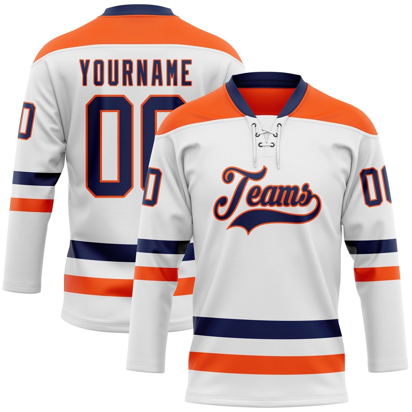 Custom White Navy-Orange Hockey Lace Neck Jersey - Main View