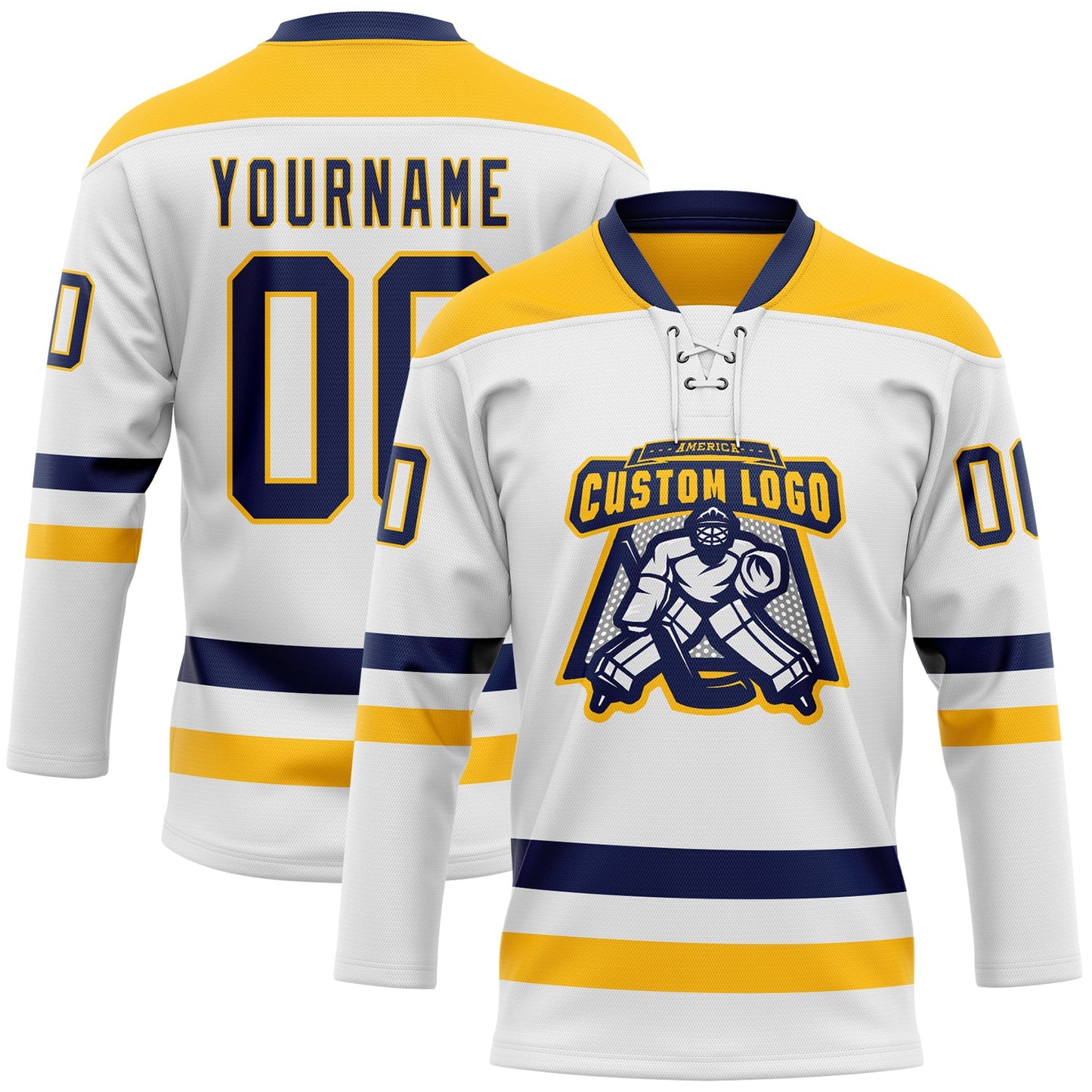 Custom White Navy-Gold Hockey Lace Neck Jersey view 2