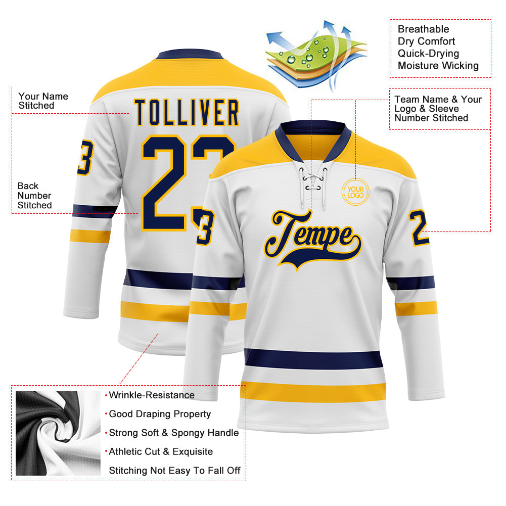 Custom White Navy-Gold Hockey Lace Neck Jersey view 3