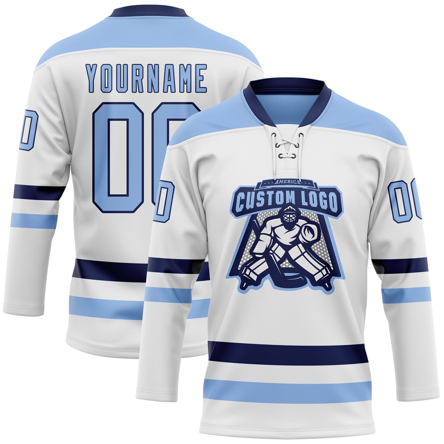 Custom White Light Blue-Navy Hockey Lace Neck Jersey view 2