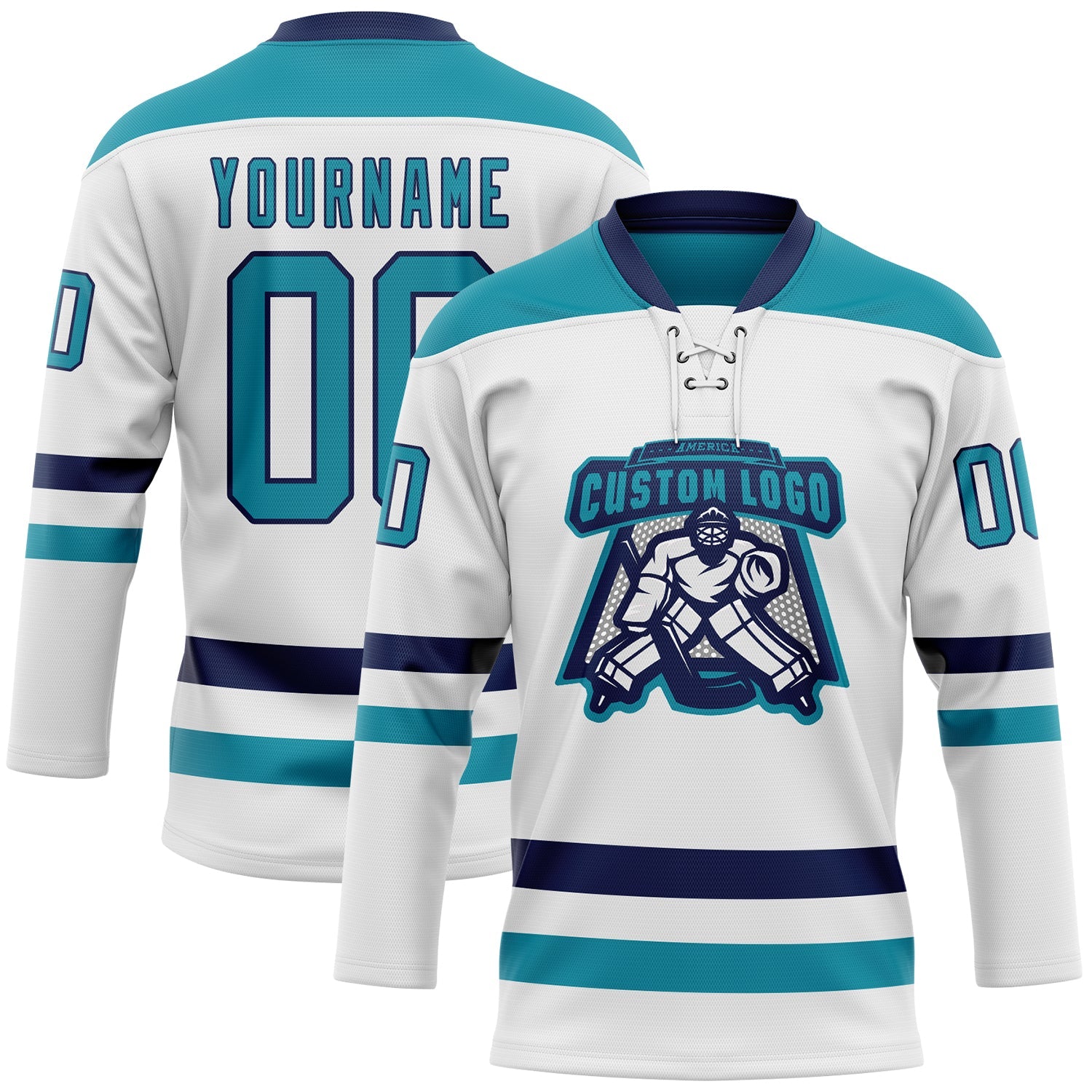 Custom White Teal-Navy Hockey Lace Neck Jersey view 2