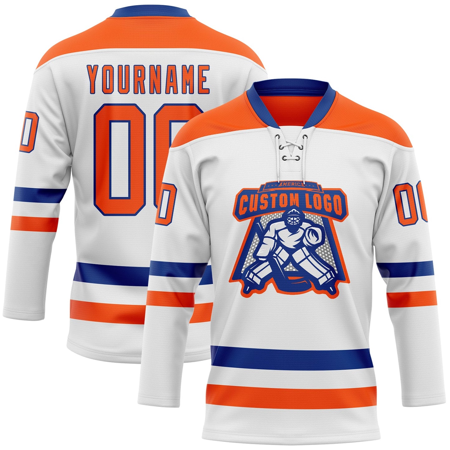 Custom White Orange-Royal Hockey Lace Neck Jersey view 2