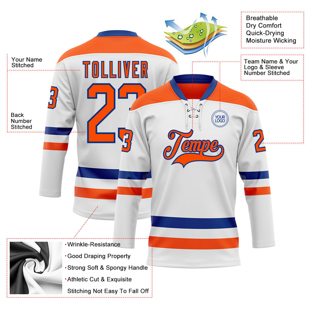 Custom White Orange-Royal Hockey Lace Neck Jersey view 3