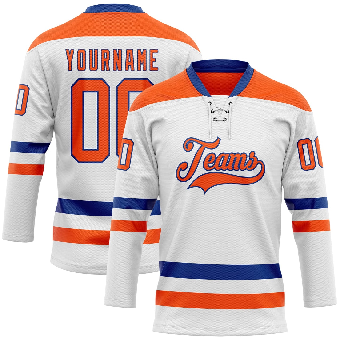 Custom White Orange-Royal Hockey Lace Neck Jersey - Main View