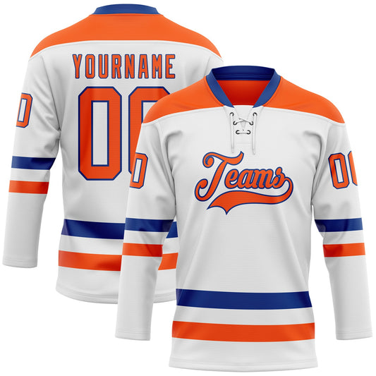 Custom White Orange-Royal Hockey Lace Neck Jersey - Main View
