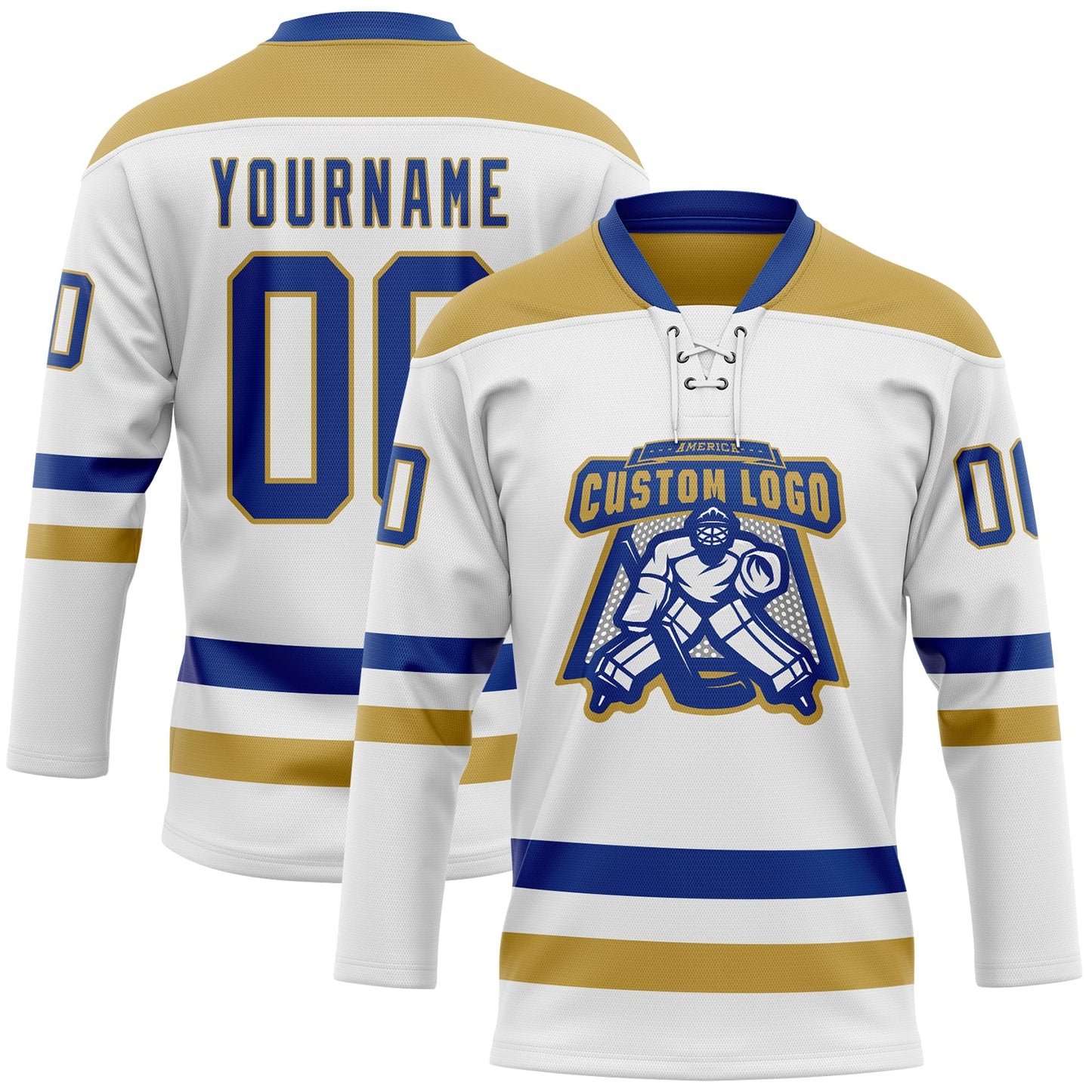 Custom White Royal-Old Gold Hockey Lace Neck Jersey view 2