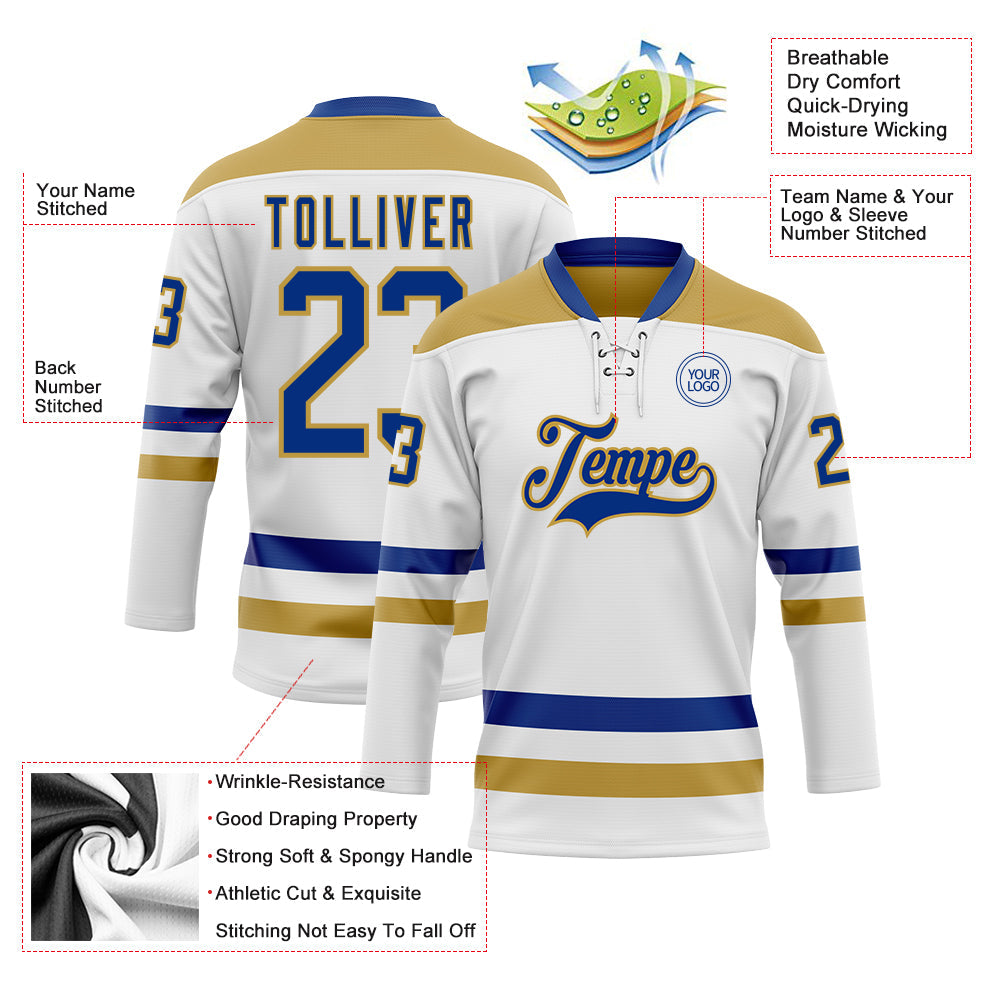 Custom White Royal-Old Gold Hockey Lace Neck Jersey view 3