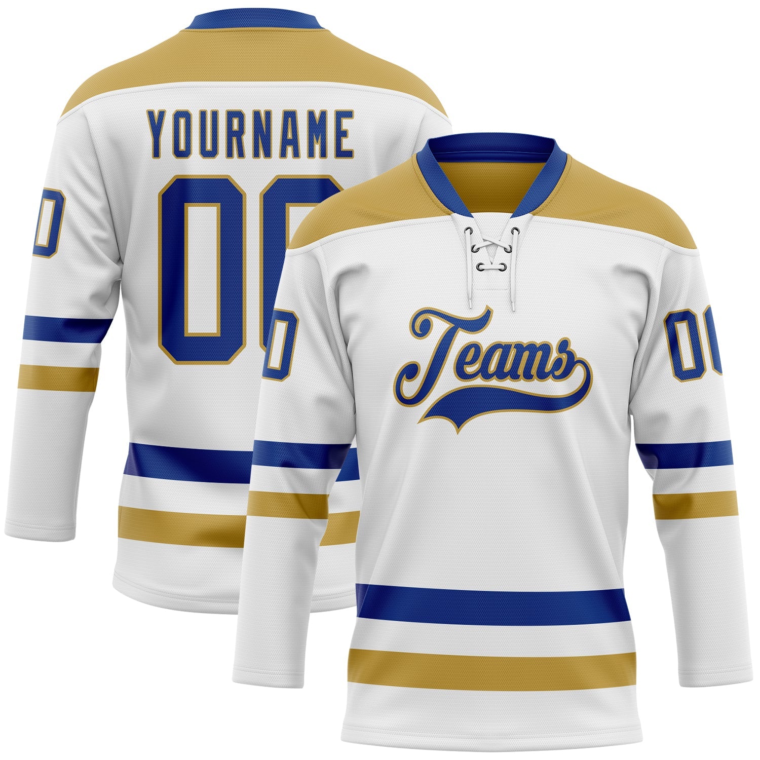 Custom White Royal-Old Gold Hockey Lace Neck Jersey - Main View