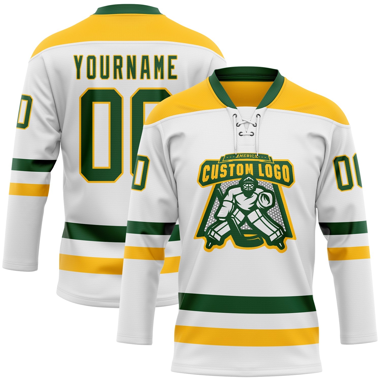 Custom White Green-Gold Hockey Lace Neck Jersey view 2