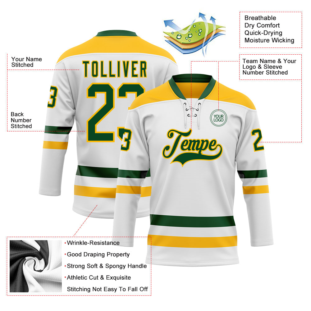 Custom White Green-Gold Hockey Lace Neck Jersey view 3