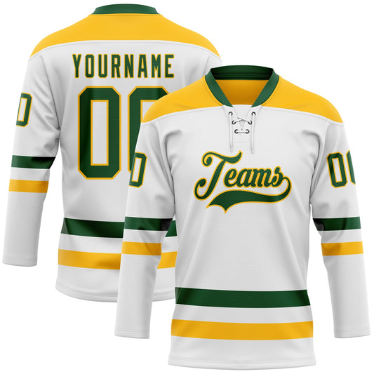 Custom White Green-Gold Hockey Lace Neck Jersey - Main View