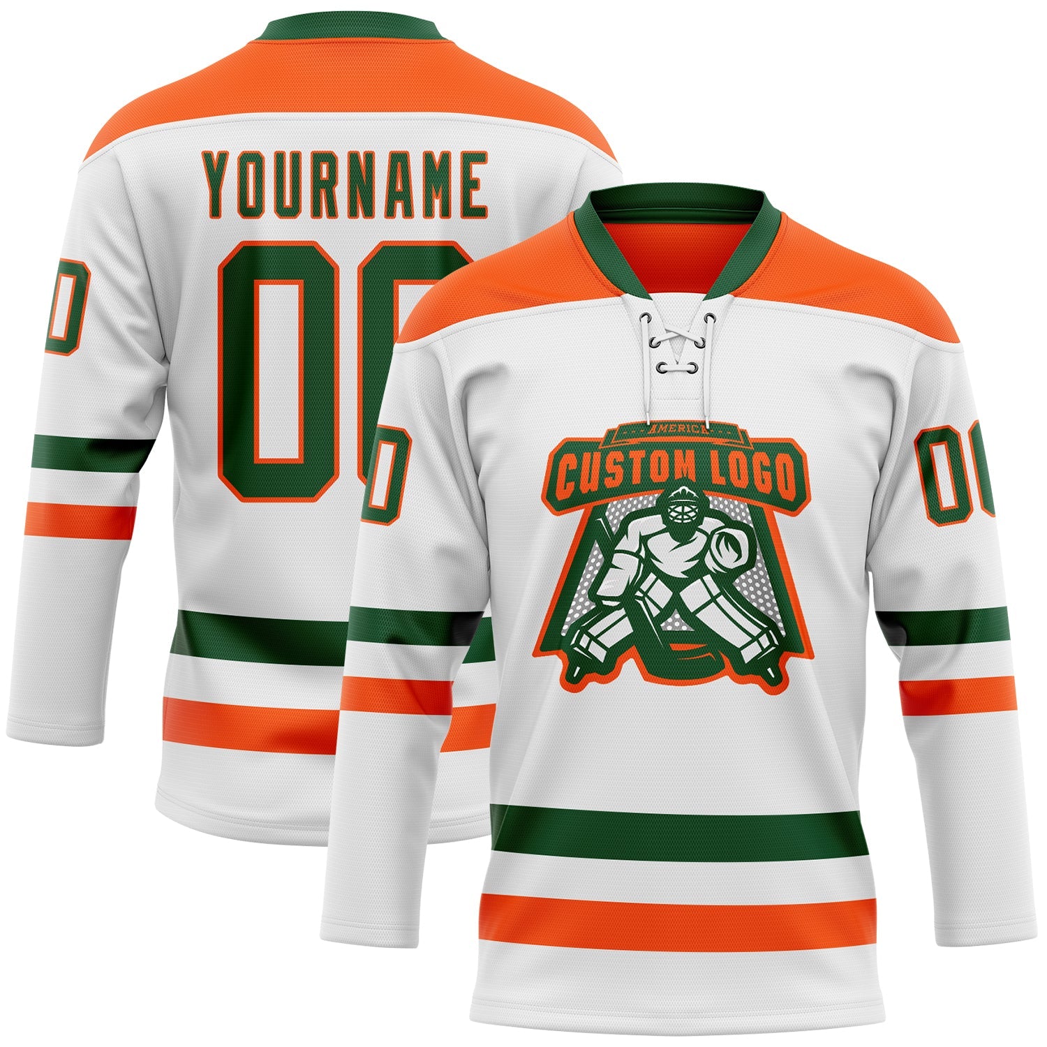Custom White Green-Orange Hockey Lace Neck Jersey view 2