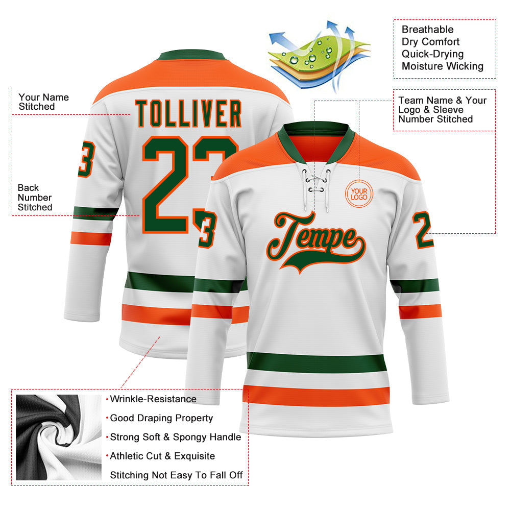 Custom White Green-Orange Hockey Lace Neck Jersey view 3