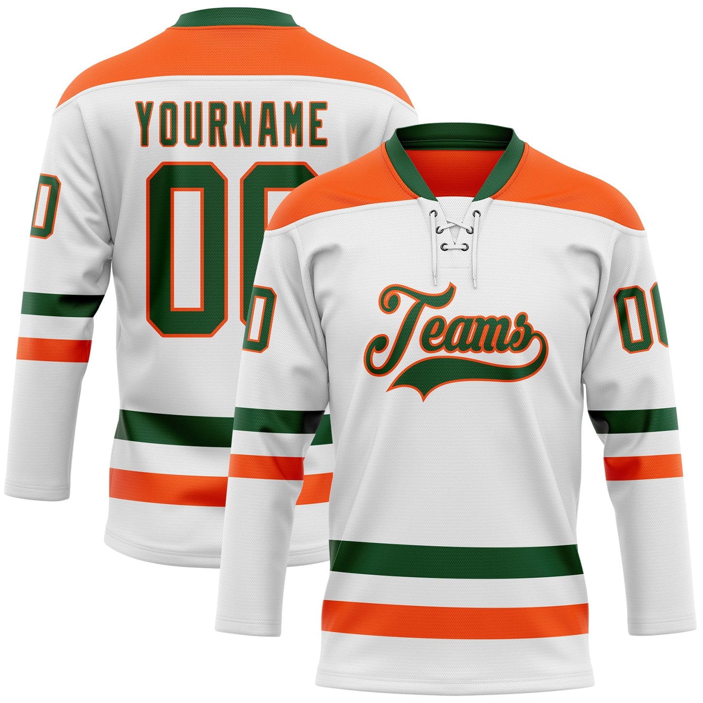 Custom White Green-Orange Hockey Lace Neck Jersey - Main View