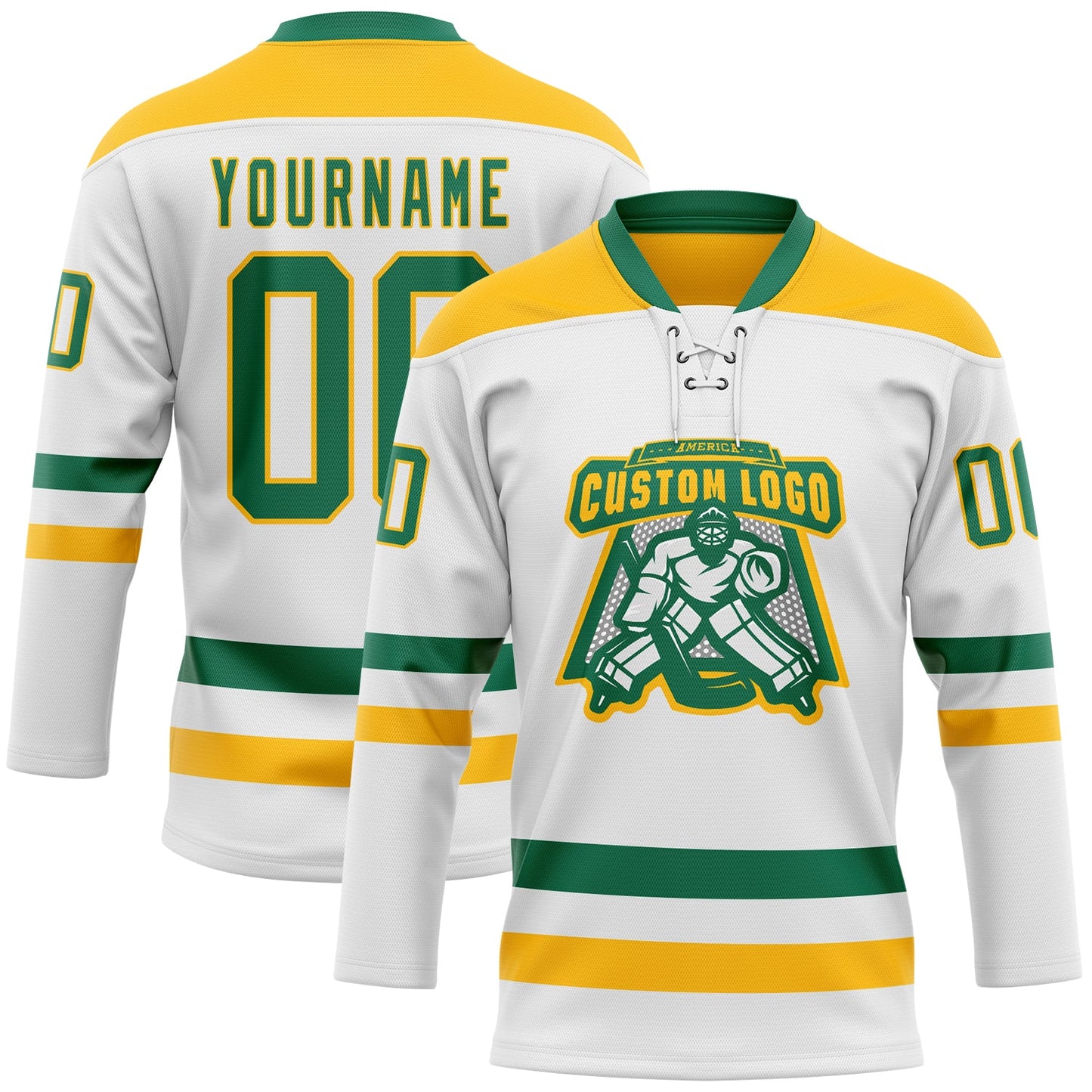 Custom White Kelly Green-Gold Hockey Lace Neck Jersey view 2