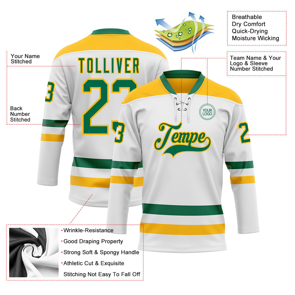 Custom White Kelly Green-Gold Hockey Lace Neck Jersey view 3