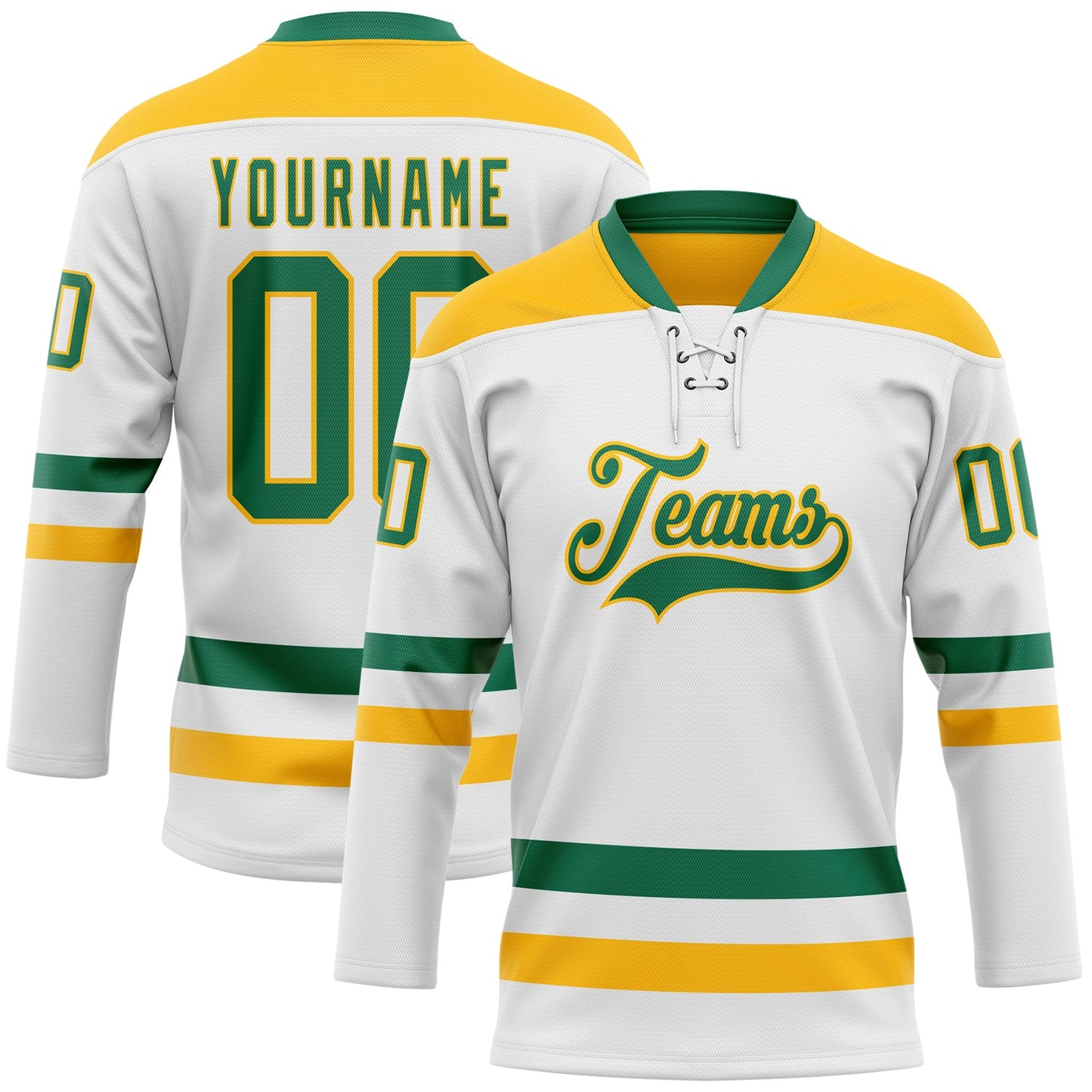 Custom White Kelly Green-Gold Hockey Lace Neck Jersey - Main View