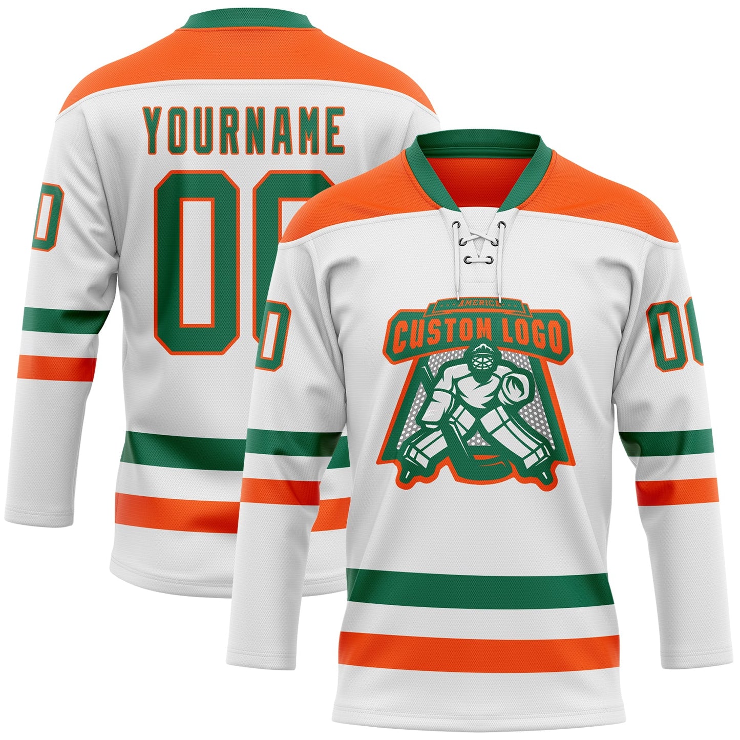 Custom White Kelly Green-Orange Hockey Lace Neck Jersey view 2