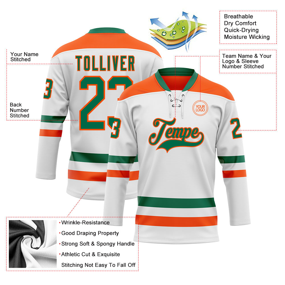 Custom White Kelly Green-Orange Hockey Lace Neck Jersey view 3