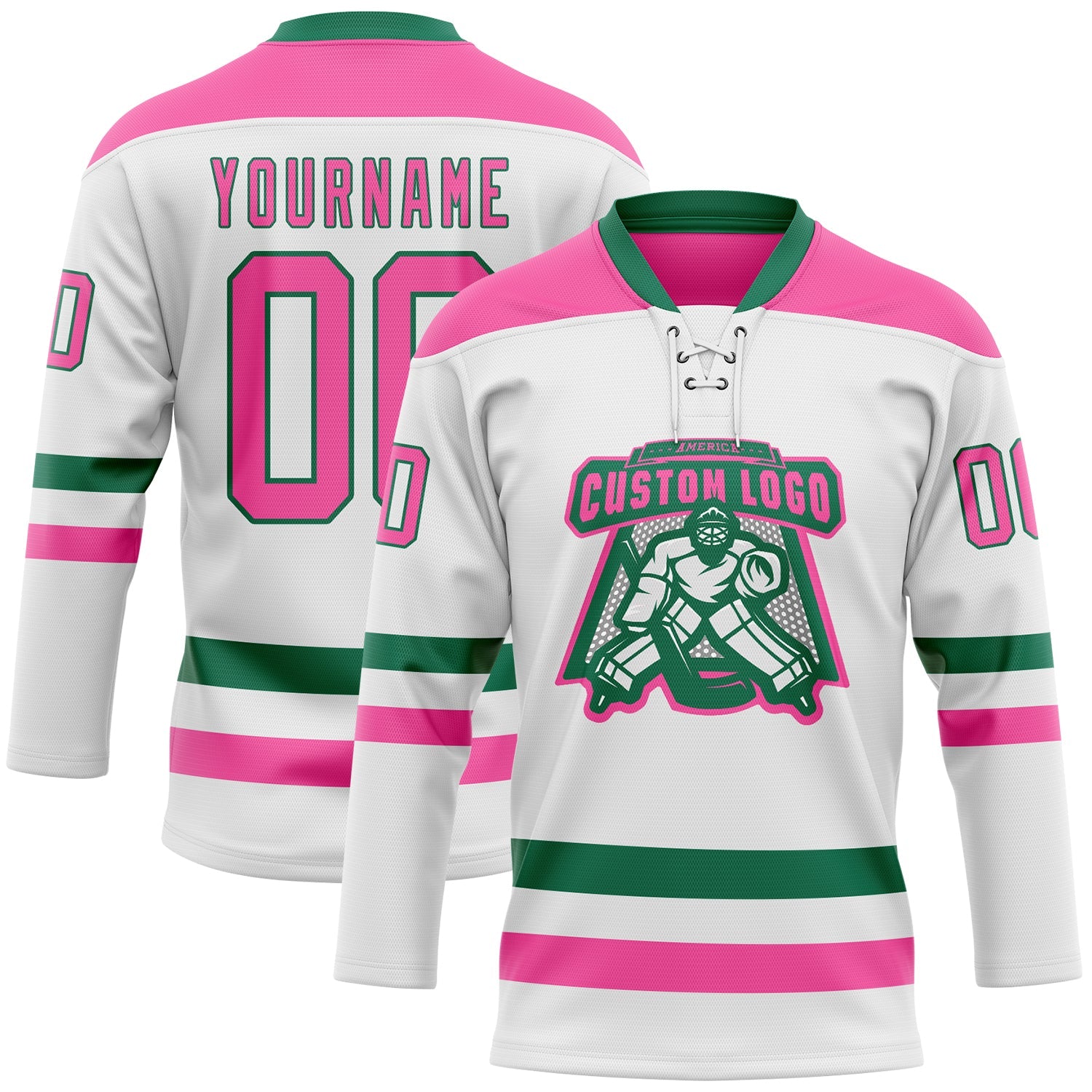 Custom White Pink-Kelly Green Hockey Lace Neck Jersey view 2