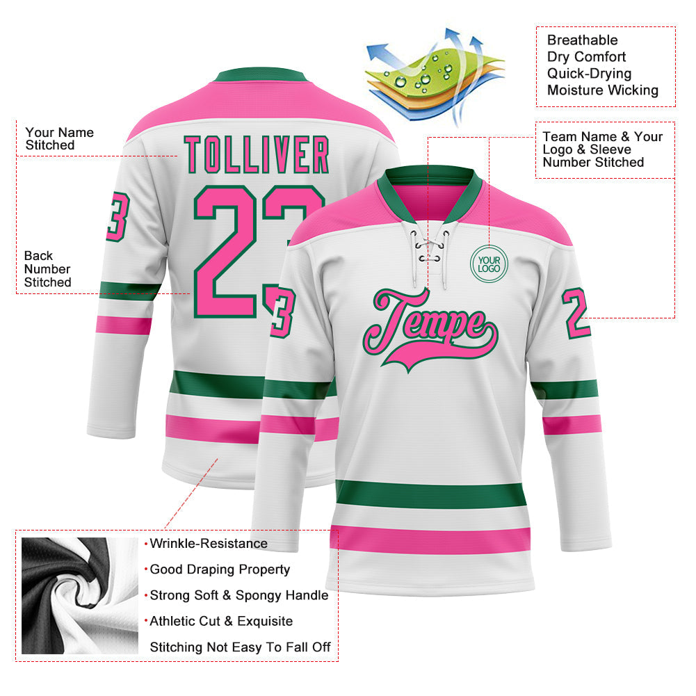 Custom White Pink-Kelly Green Hockey Lace Neck Jersey view 3