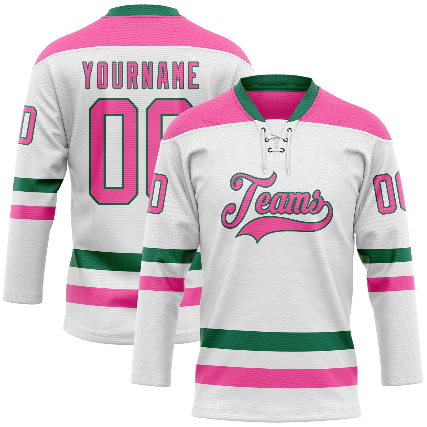 Custom White Pink-Kelly Green Hockey Lace Neck Jersey - Main View