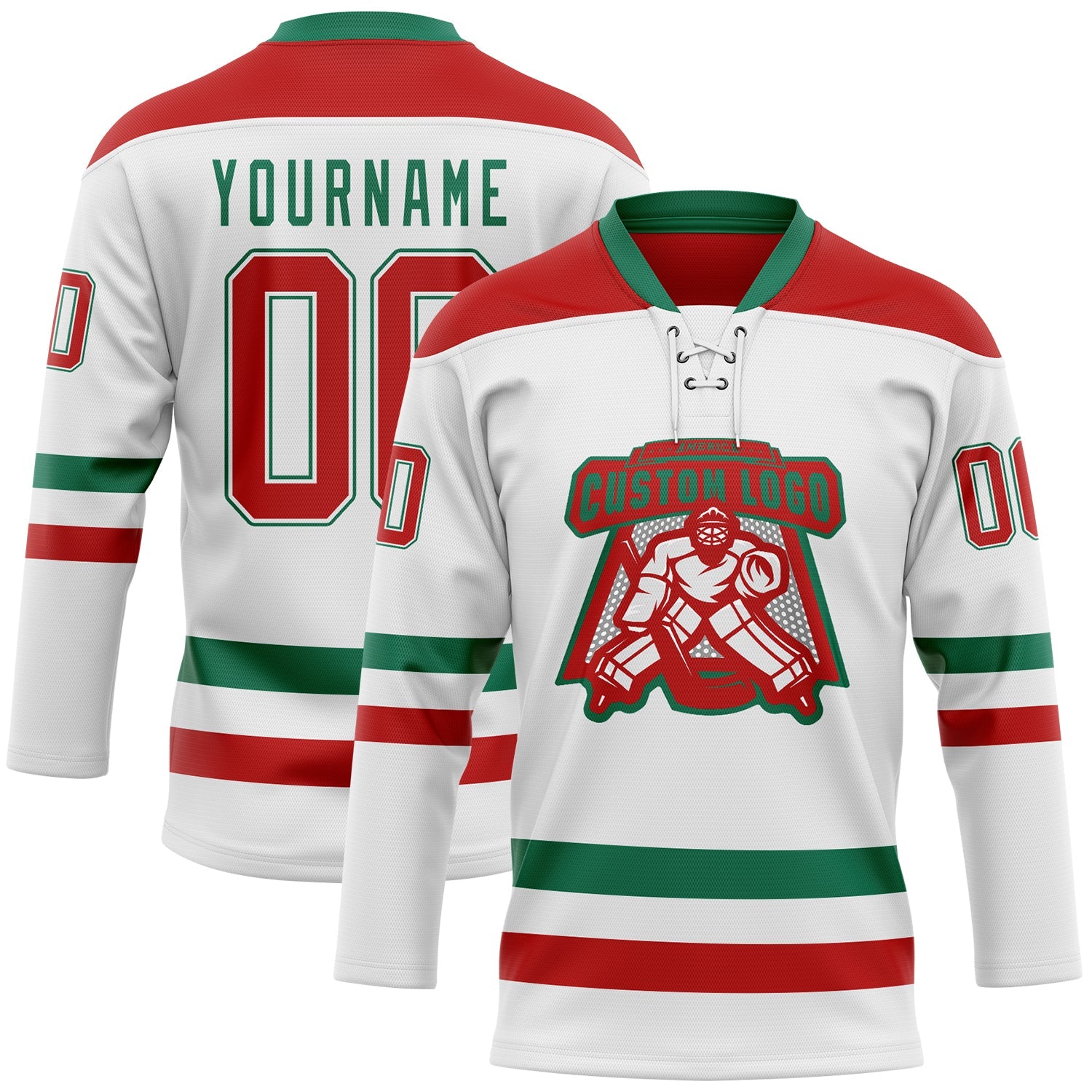 Custom White Red-Kelly Green Hockey Lace Neck Jersey view 2