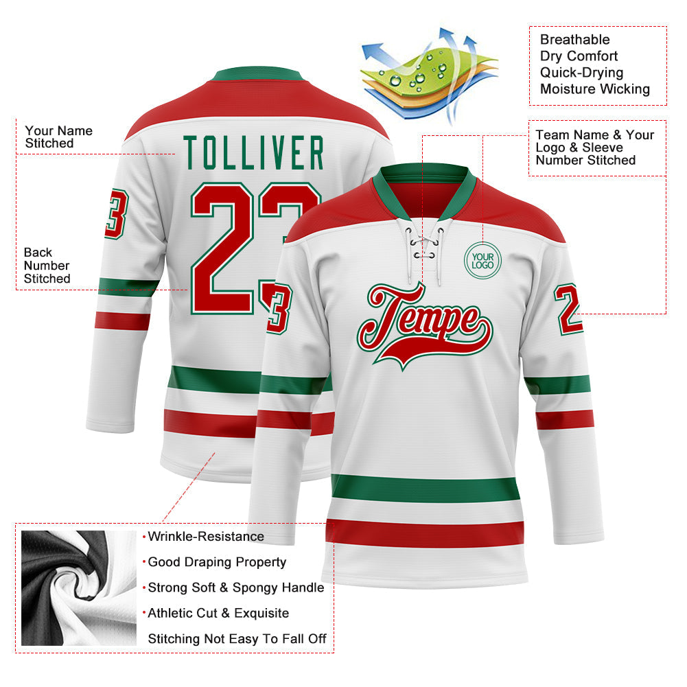 Custom White Red-Kelly Green Hockey Lace Neck Jersey view 3