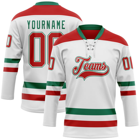 Custom White Red-Kelly Green Hockey Lace Neck Jersey - Main View