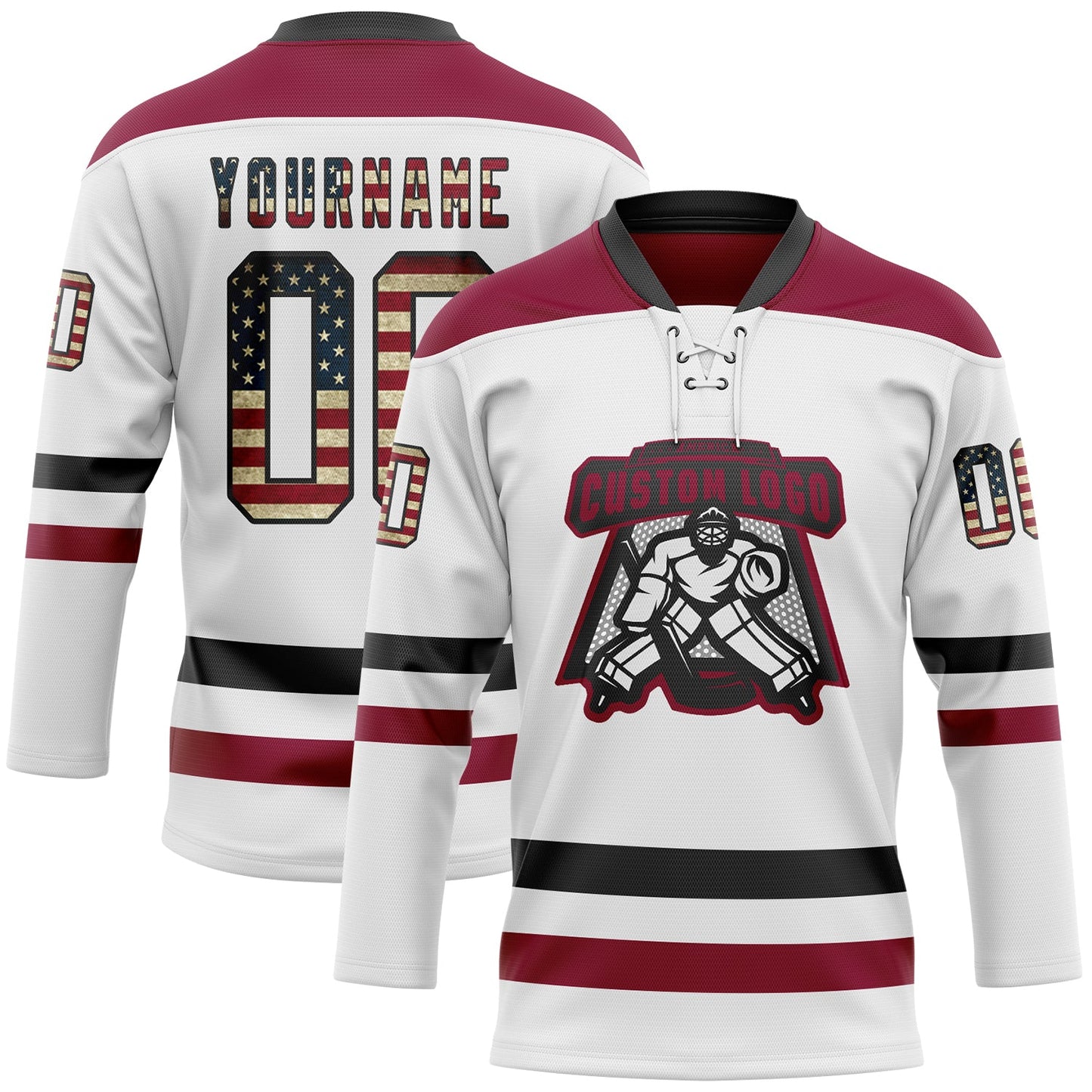 Custom White Vintage USA Flag Black-Maroon Hockey Lace Neck Jersey view 2