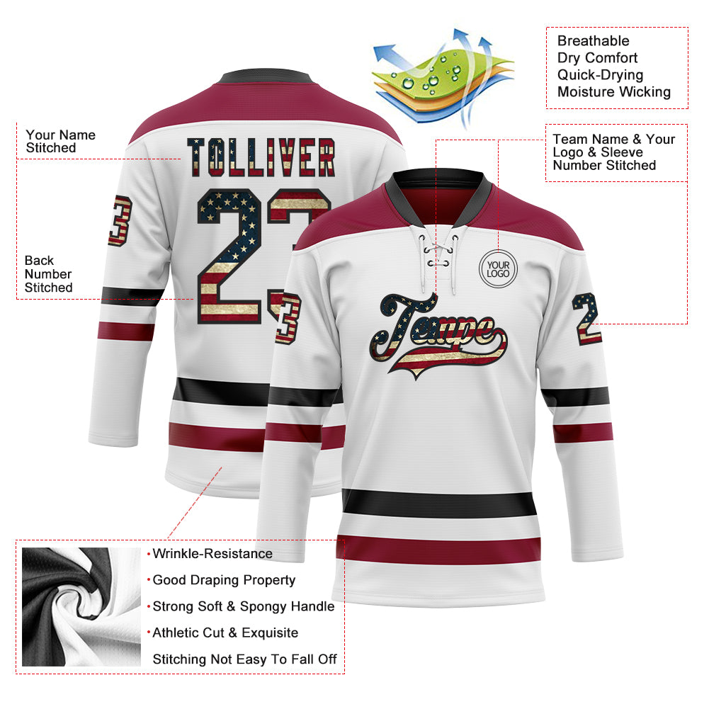 Custom White Vintage USA Flag Black-Maroon Hockey Lace Neck Jersey view 3