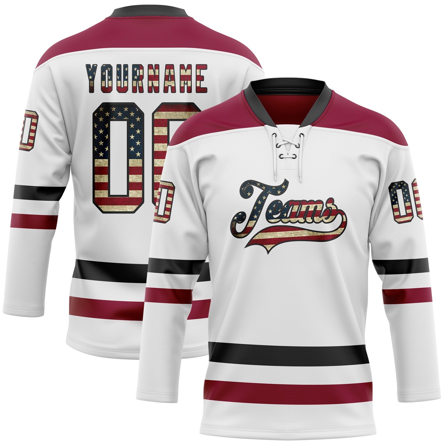 Custom White Vintage USA Flag Black-Maroon Hockey Lace Neck Jersey - Main View