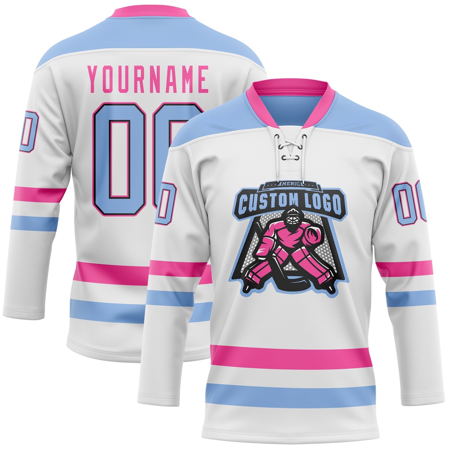 Custom White Light Blue Black-Pink Hockey Lace Neck Jersey view 2