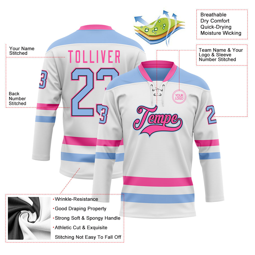 Custom White Light Blue Black-Pink Hockey Lace Neck Jersey view 3