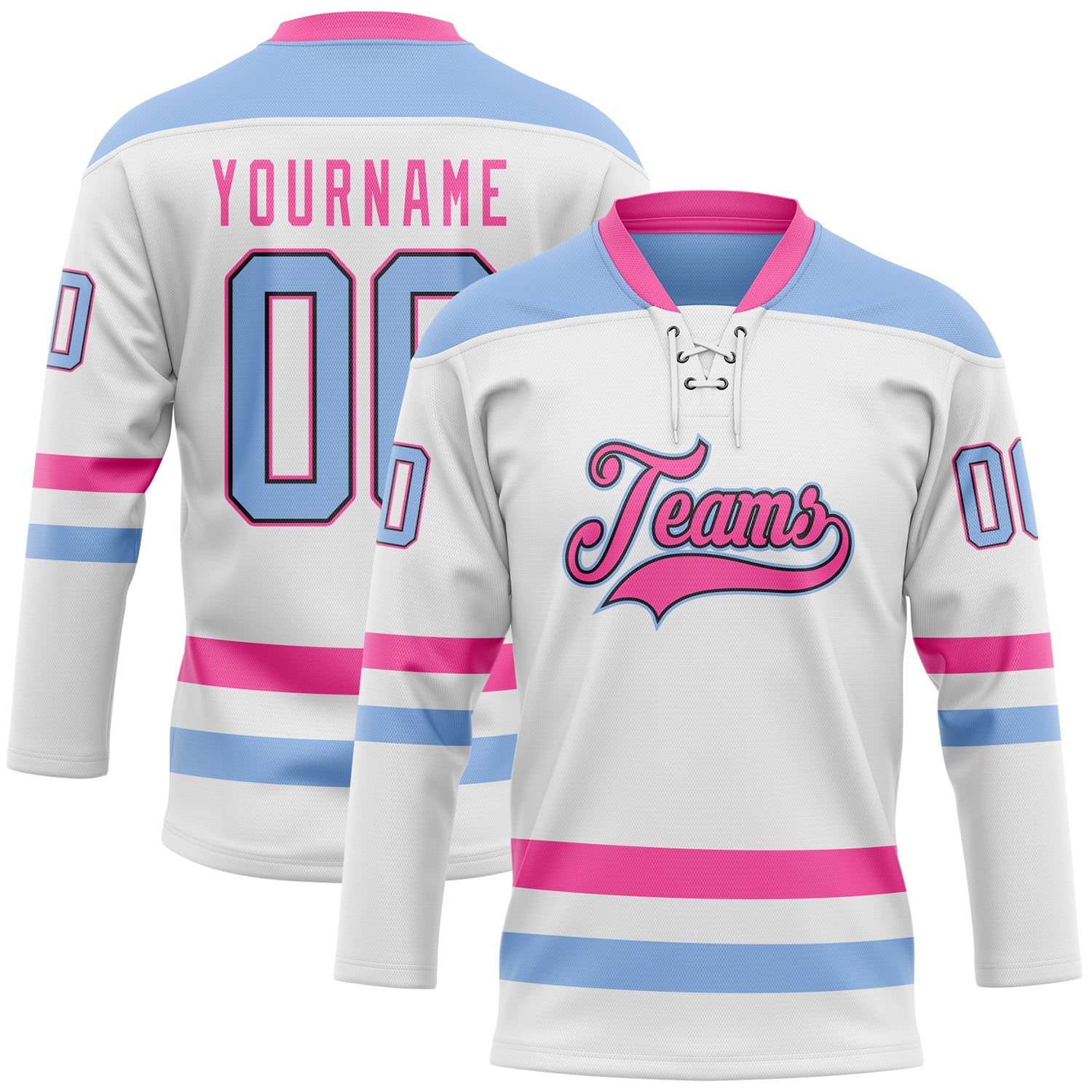 Custom White Light Blue Black-Pink Hockey Lace Neck Jersey - Main View