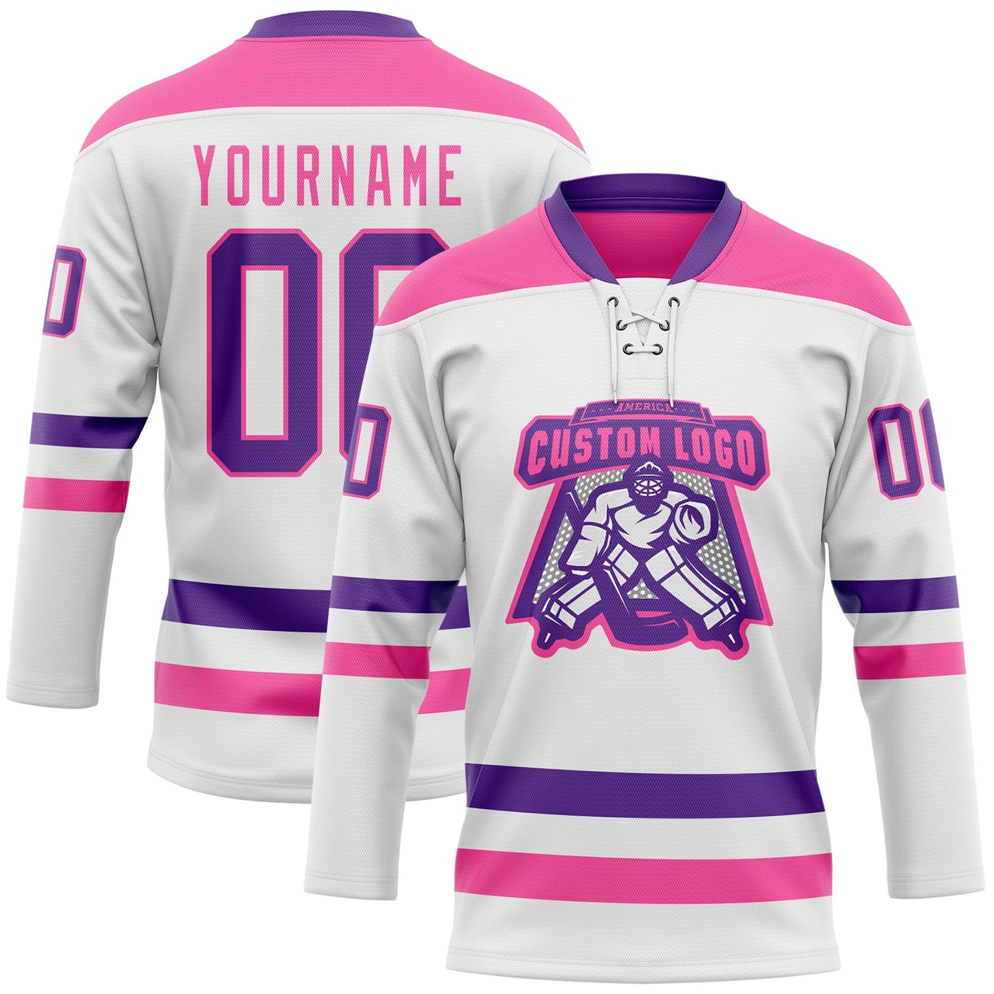 Custom White Purple-Pink Hockey Lace Neck Jersey view 2
