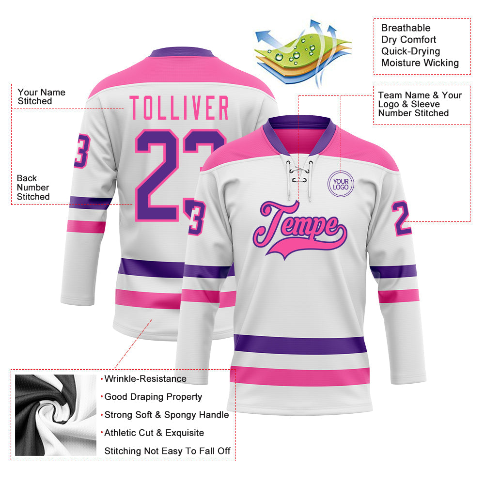 Custom White Purple-Pink Hockey Lace Neck Jersey view 3