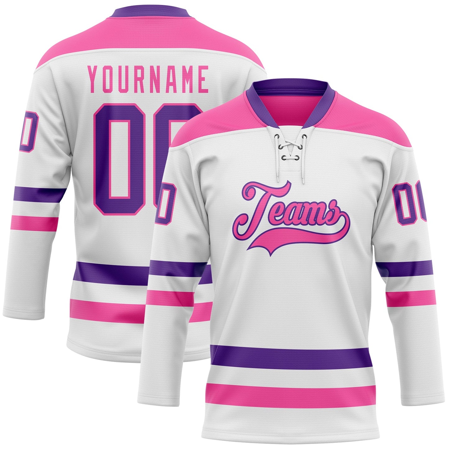 Custom White Purple-Pink Hockey Lace Neck Jersey - Main View