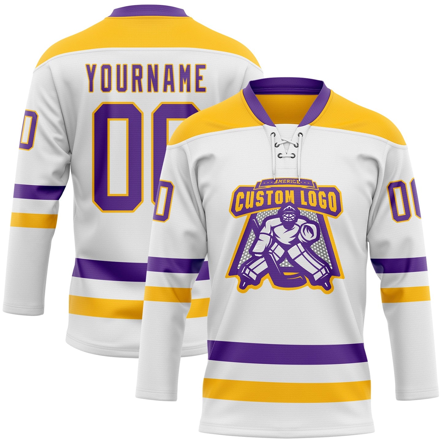 Custom White Purple-Gold Hockey Lace Neck Jersey view 2