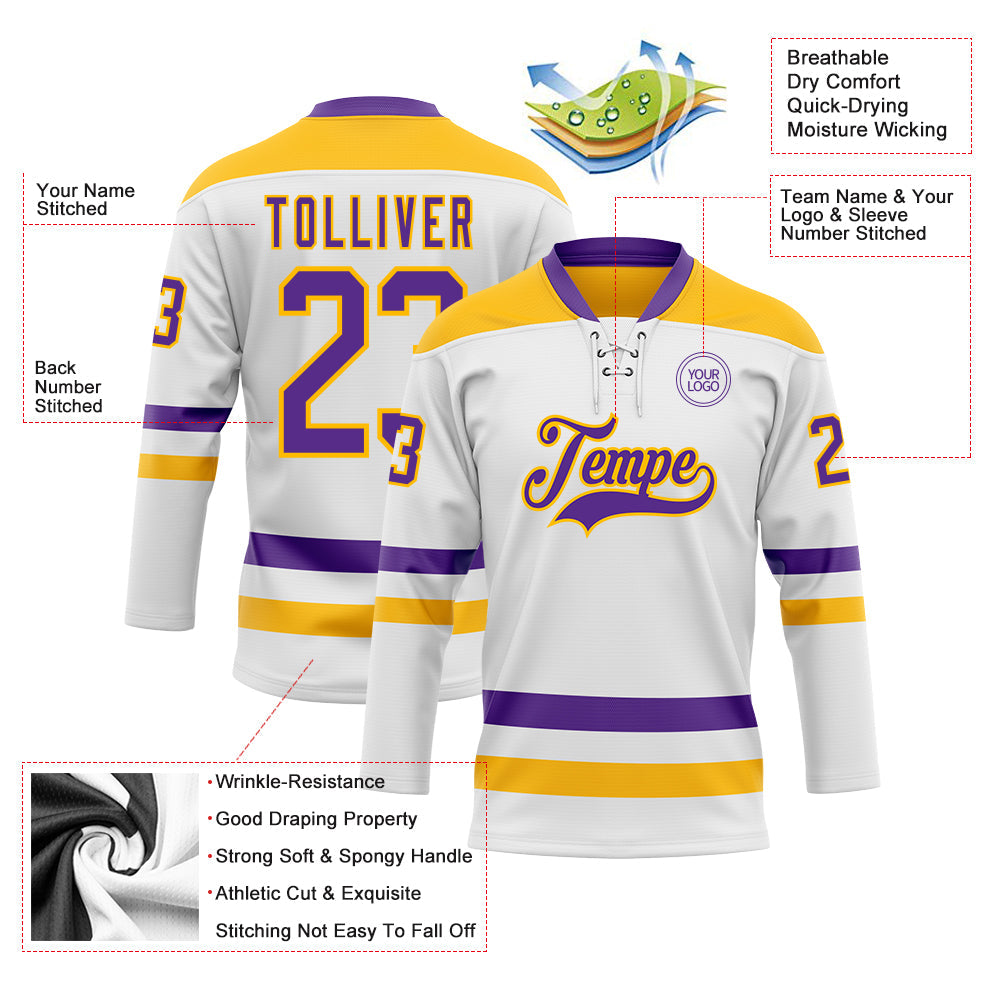 Custom White Purple-Gold Hockey Lace Neck Jersey view 3