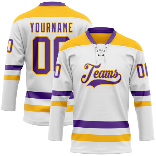 Custom White Purple-Gold Hockey Lace Neck Jersey - Main View